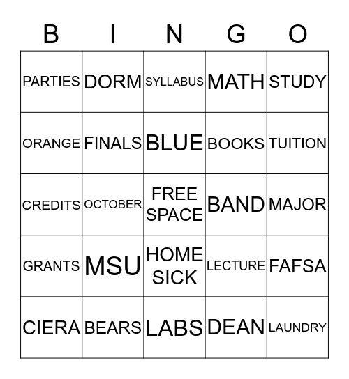 Ciera's College Bingo Card
