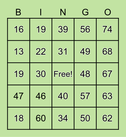 Bingo des chiffres 10-75 Bingo Card