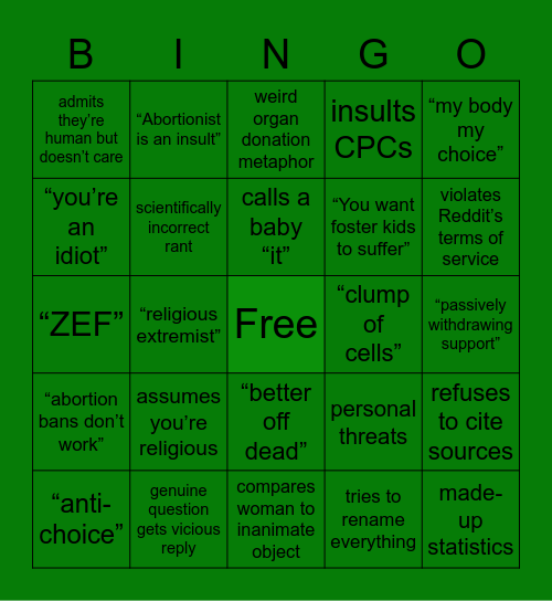 Pro-Life Debate Bingo Card