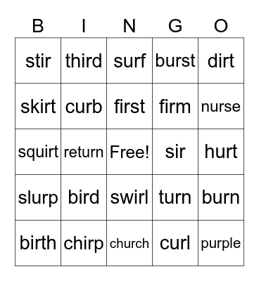 Bossy R (ir/ur) Bingo Card