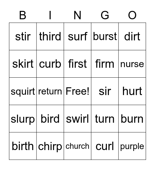 Bossy R (ir/ur) Bingo Card