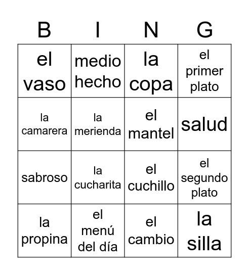 El Restaurante - the restaurant Bingo Card