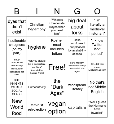 A Medievalist Goes to Medieval Times Bingo Card