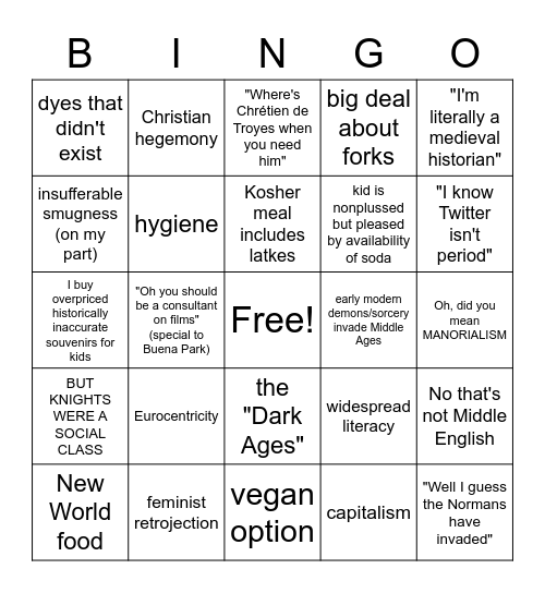 A Medievalist Goes to Medieval Times Bingo Card