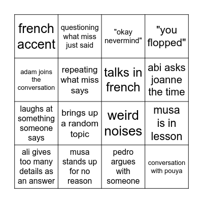 Monday 21st February 2022 Bingo Card