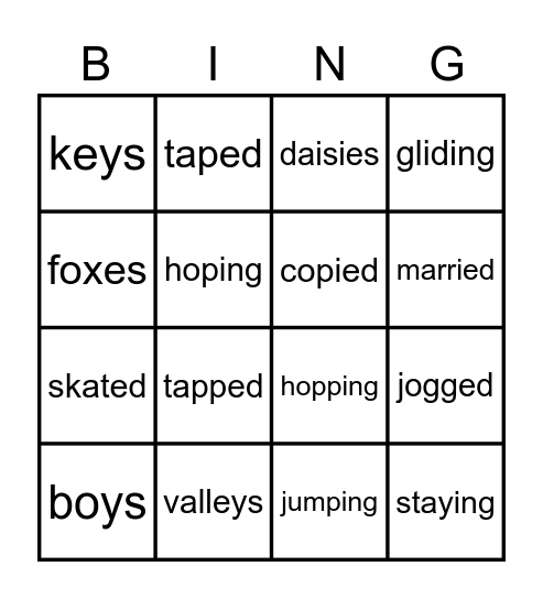 Ezra's Suffix Endings Bingo Card