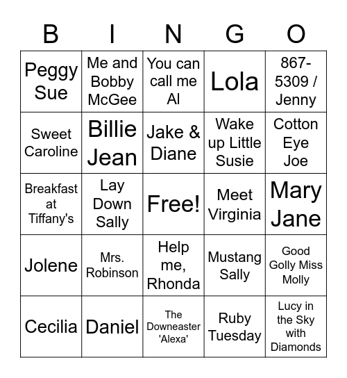 Songs with Names Bingo Card