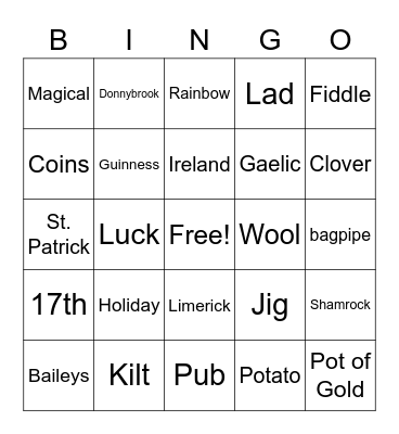 St Patrick's Day Bingo Card