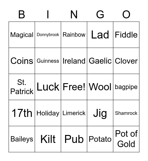 St Patrick's Day Bingo Card