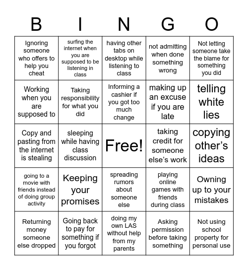 Honesty & Integrity Bingo Card