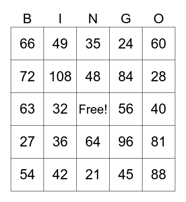 Multiplication & Division Bingo Card