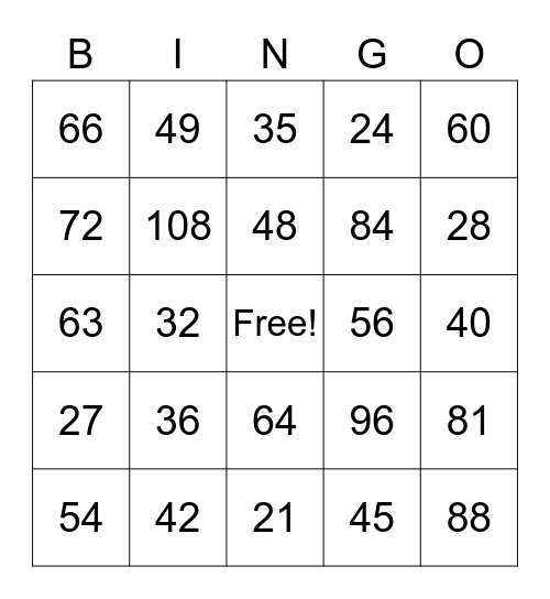 Multiplication & Division Bingo Card
