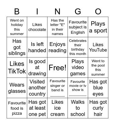 Getting to know you Bingo Card