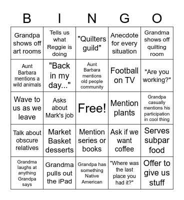 Grandma Grandpa Aunt Barbara Bingo Card