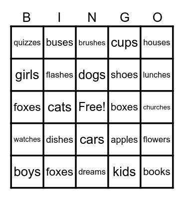 Plural Nouns Bingo Card