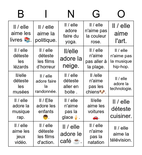 Les Préférences Bingo Card