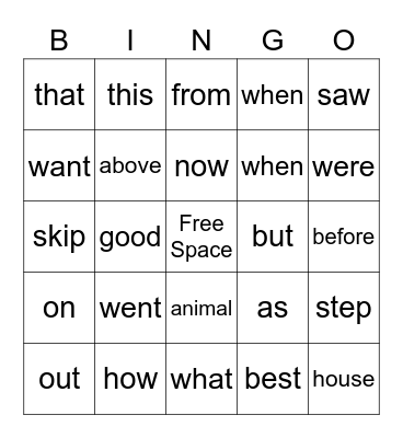 Sight Word Bingo Card