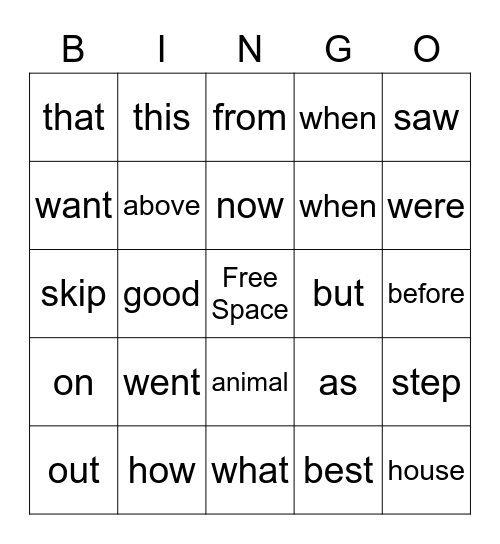 Sight Word Bingo Card