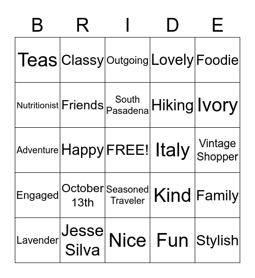 Monica's Bridal Shower Bingo Card