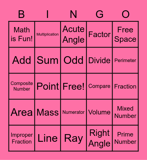 Math Vocabulary Bingo Card