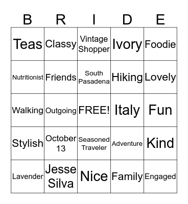 Monica's Bridal Shower Bingo Card