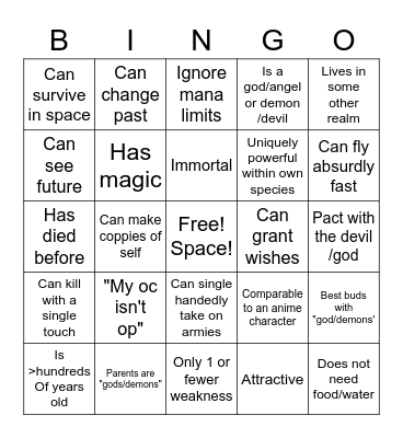 overpowered OC bingo Card