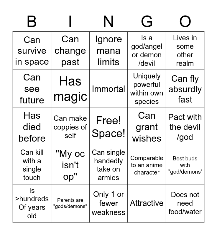 overpowered OC bingo Card