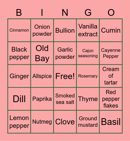 Spice Cabinet Bingo Card