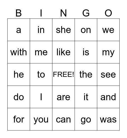 Kindergarten Sight Word Bingo Card