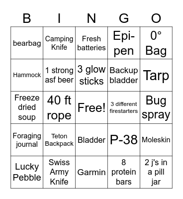 Backpacking checklist Bingo Card