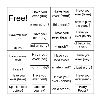 Have you ever (past participle) Bingo Card