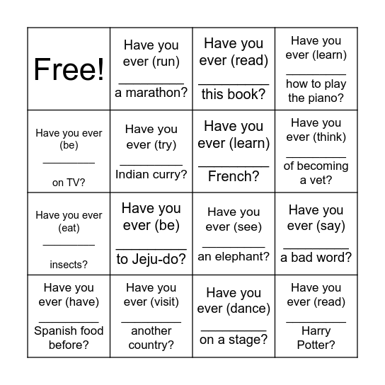 Have you ever (past participle) Bingo Card