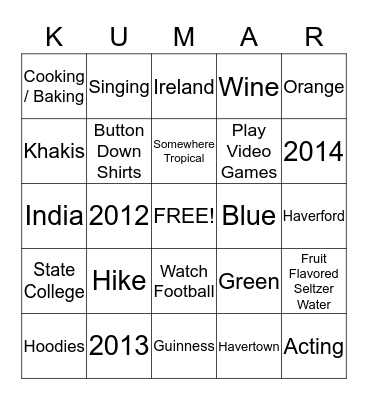 Cara & Kalyan Bingo Card