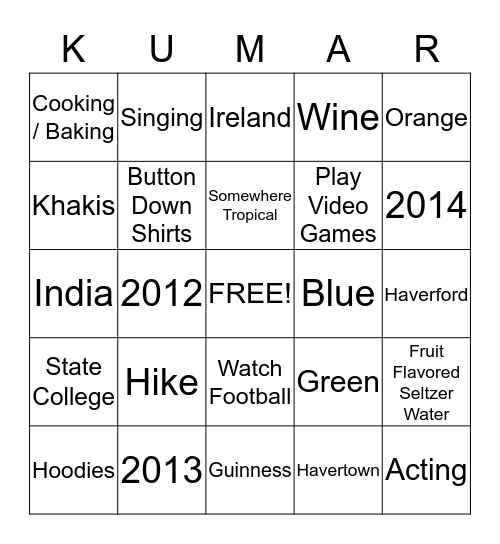 Cara & Kalyan Bingo Card