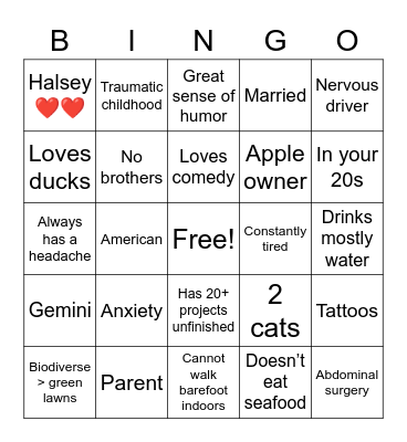Tehya Bingo Card