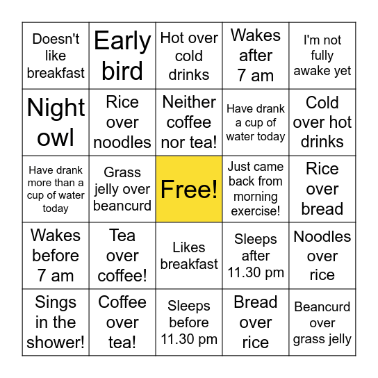 Breakfast Bingo Card