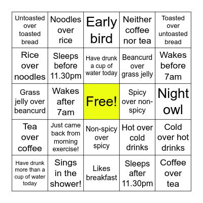 Breakfast Bingo Card
