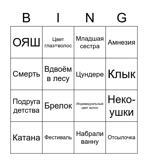 Anime Bingo Card