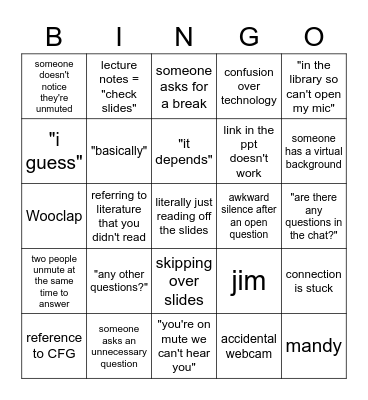 Online Lecture Bingo Card