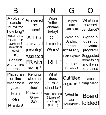 Anthro BINGO!! Bingo Card
