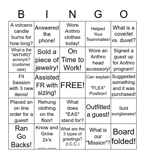 Anthro BINGO!! Bingo Card