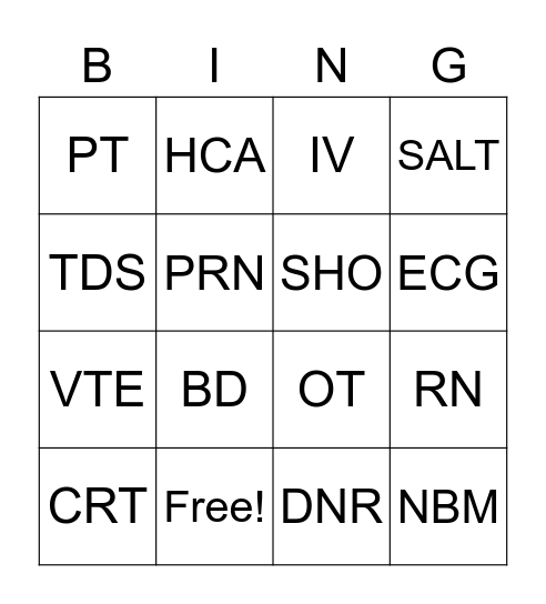 Acronym Bingo Card