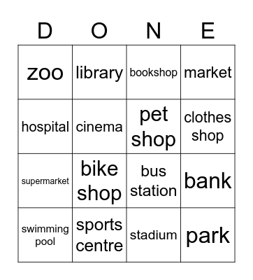 Places in the city Bingo Card