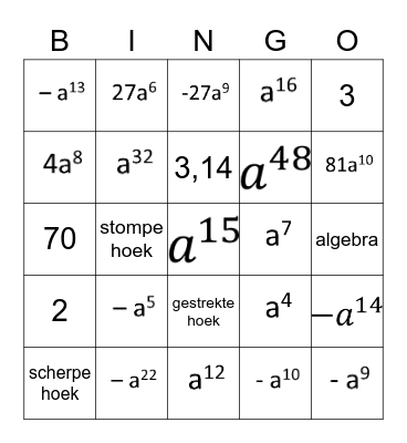 Wiskunde bingo Card