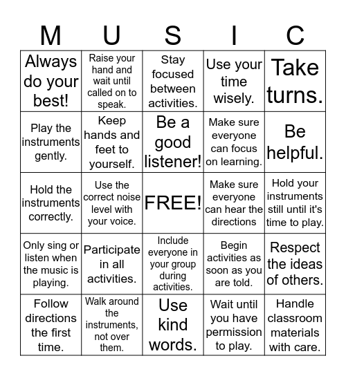 MUSIC Rules BINGO! Bingo Card