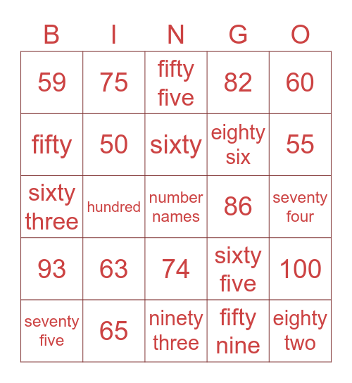 number names Bingo Card