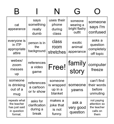 During Class Bingo Card