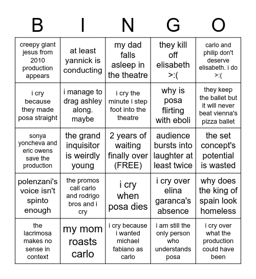 met opera don carlo 2022 bingo based on the things i've seen about it so far that are scaring me Bingo Card