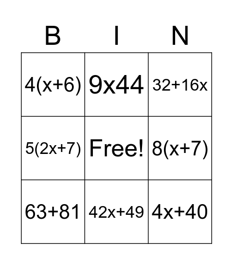 Distributive Property Bingo Card