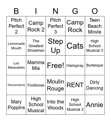 Musical Movies Bingo Card